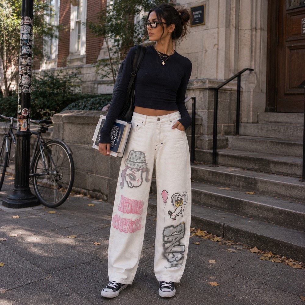 Bershka 90s Wide Leg Graffiti Graphic Jeans Off White 100% Cotton SZ 32x30
